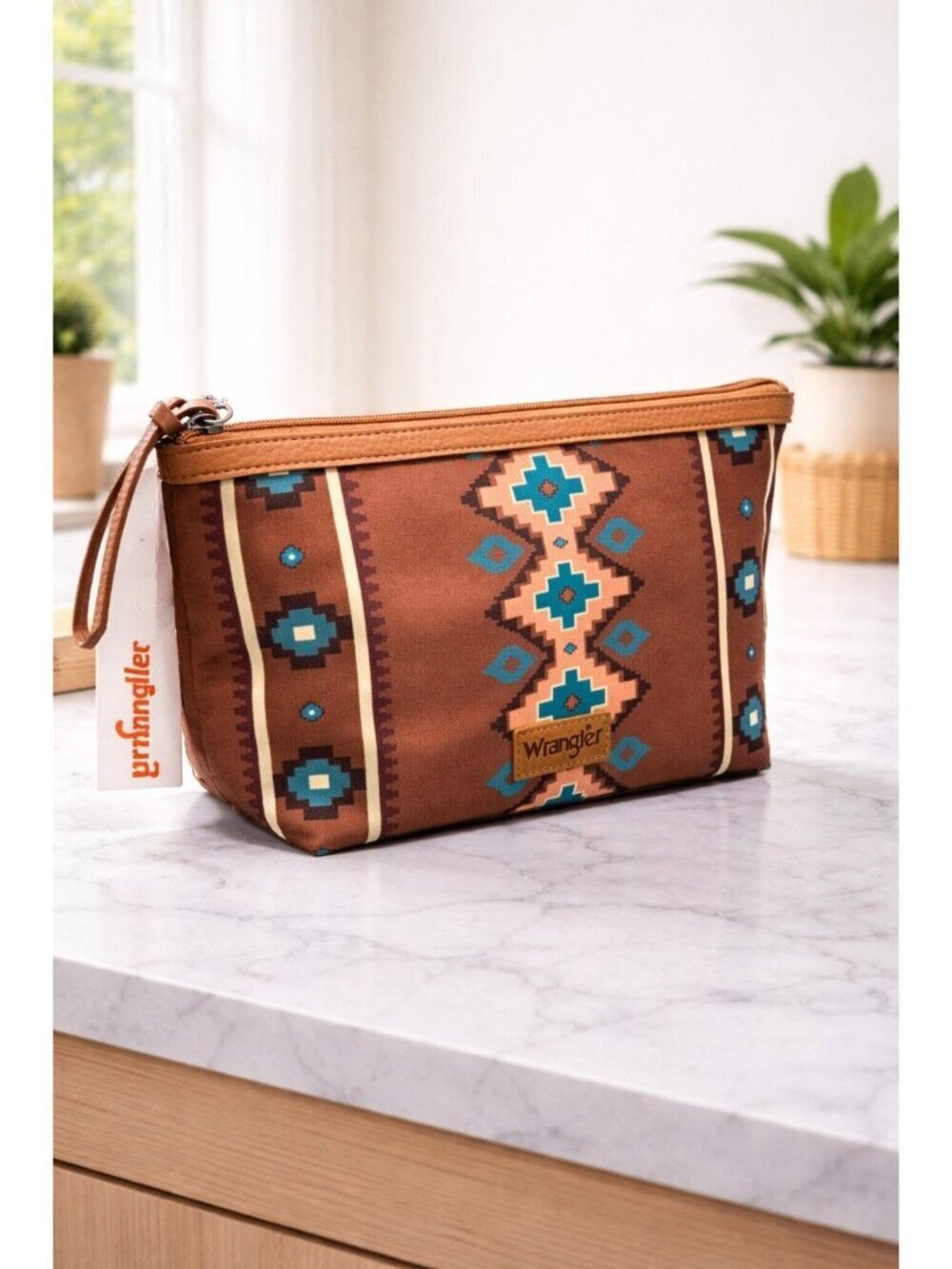 New Wrangler Brown Boho Western Aztec Cosmetic Bag Zipper Travel Makeup Case